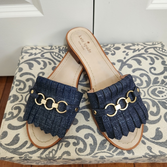 Kate Spade  Denim Navy Fringe Slide Sandals Sz 8M - Picture 3 of 8